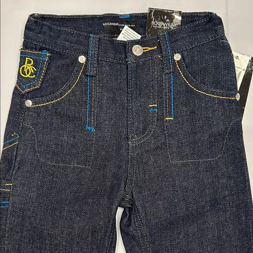 Rocawear Dark Denim Jeans with Yellow and Blue Stitching - Picture 2 of 12